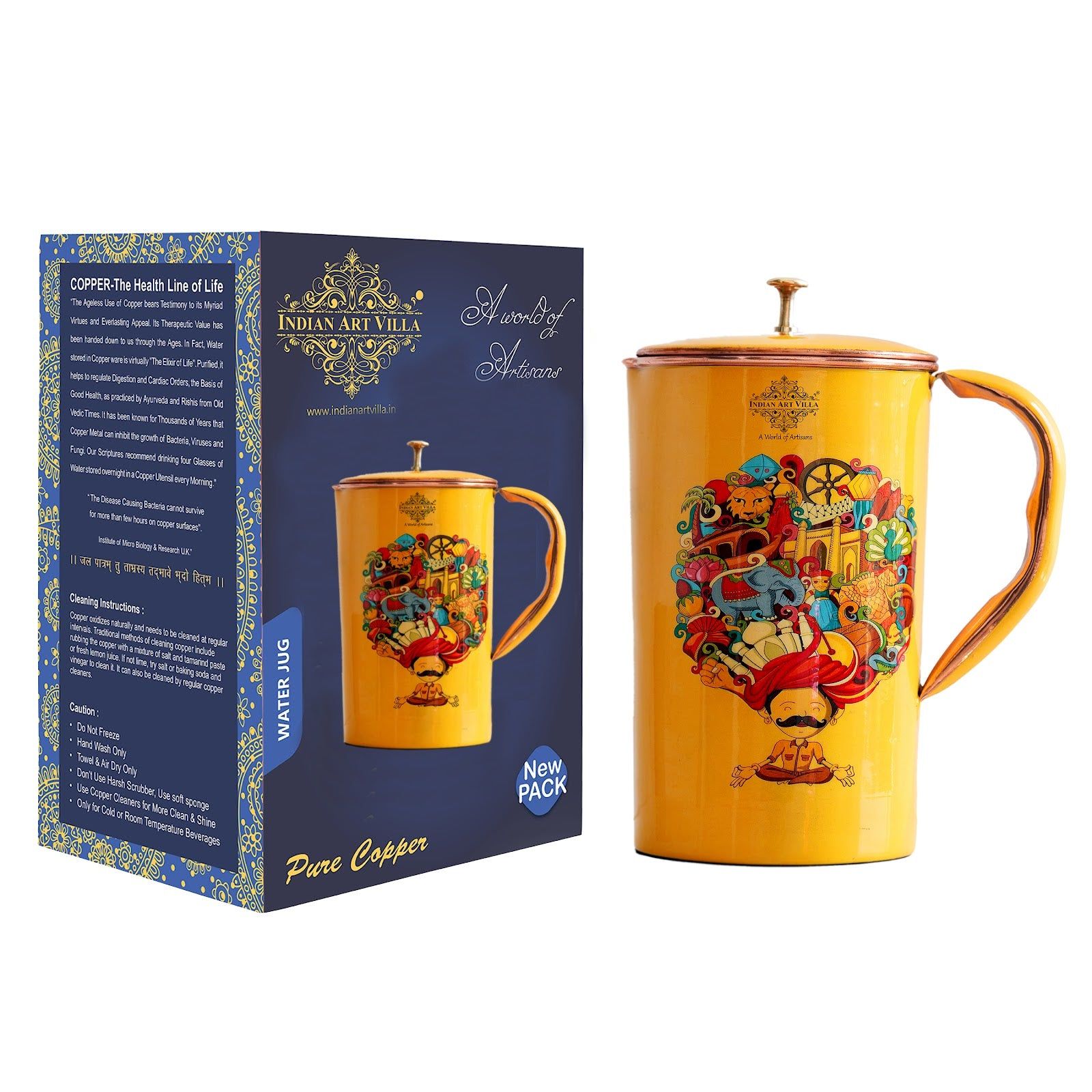 Pure copper printed jug padharo mhare desh design rajasthan pagdi art, 2000 ML